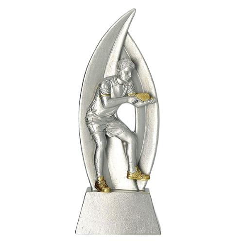Statuetka odlewana RP6009/S/G Najlepszy Gracz Tenisa Stołowego w srebrno-złotym wykończeniu. Model z postacią zawodnika podczas gry sprawdzi się jako nagroda na turnieje, zawody i wyróżnienia sportowe. Miejsce na tabliczkę z nadrukiem.