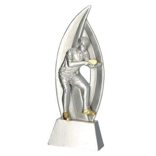 Statuetka odlewana RP6009/S/G Najlepszy Gracz Tenisa Stołowego w srebrno-złotym wykończeniu. Model z postacią zawodnika podczas gry sprawdzi się jako nagroda na turnieje, zawody i wyróżnienia sportowe. Miejsce na tabliczkę z nadrukiem.