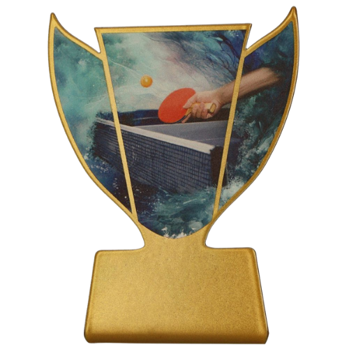 Statuetka metalowa SL-TAB Mecz Tenisa Stołowego z grafiką rakietki, piłeczki i stołu do gry. Model w złotej oprawie sprawdzi się jako nagroda na turnieje, zawody i wyróżnienia sportowe. Miejsce na tabliczkę z nadrukiem.