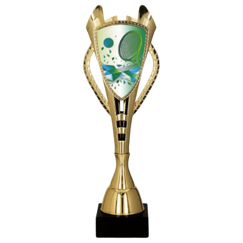 Puchar plastikowy 7243/TEN złoty – tenis ziemny z grafiką rakiety i piłki na jasnym tle. Smukły model na marmurowej podstawie sprawdzi się na turnieje, zawody i wyróżnienia sportowe. Miejsce na tabliczkę z nadrukiem.