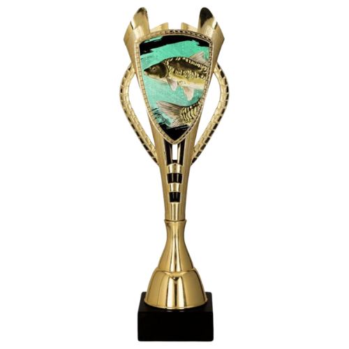 Puchar plastikowy 7243/FIS złoty – wędkarstwo z grafiką karpia na turkusowym tle. Smukły model na marmurowej podstawie sprawdzi się na zawody, konkursy i wydarzenia wędkarskie. Miejsce na tabliczkę z nadrukiem.