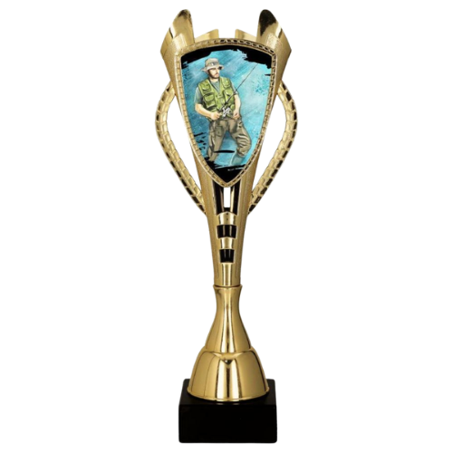 Puchar plastikowy 7243/FIS2 złoty – wędkarstwo z grafiką wędkarza podczas połowu na niebieskim tle. Smukły model na marmurowej podstawie sprawdzi się na zawody, konkursy i wydarzenia wędkarskie. Miejsce na tabliczkę z nadrukiem.