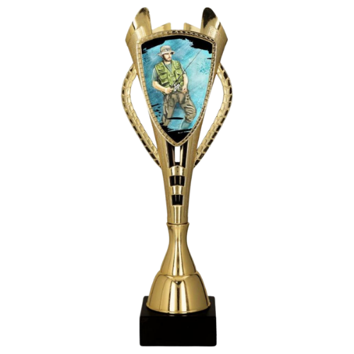 Puchar plastikowy 7243/FIS2 złoty – wędkarstwo z grafiką wędkarza podczas połowu na niebieskim tle. Smukły model na marmurowej podstawie sprawdzi się na zawody, konkursy i wydarzenia wędkarskie. Miejsce na tabliczkę z nadrukiem.