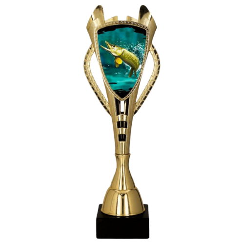 Puchar plastikowy 7243/PIK złoty – wędkarstwo z grafiką szczupaka wyskakującego z wody. Smukły model na marmurowej podstawie sprawdzi się na zawody, konkursy i wydarzenia wędkarskie. Miejsce na tabliczkę z nadrukiem.