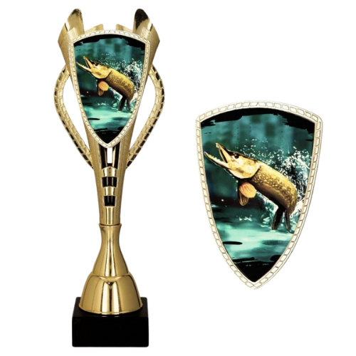 Puchar plastikowy 7243/PIK złoty – wędkarstwo z grafiką szczupaka wyskakującego z wody. Smukły model na marmurowej podstawie sprawdzi się na zawody, konkursy i wydarzenia wędkarskie. Miejsce na tabliczkę z nadrukiem.