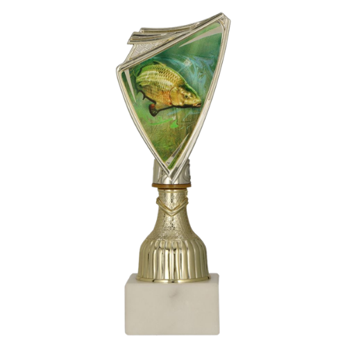 Puchar plastikowy 9297/FIS1 złoty – wędkarstwo z grafiką ryby na zielonym tle. Model na marmurowej podstawie sprawdzi się na zawody, konkursy i wydarzenia wędkarskie. Miejsce na tabliczkę z nadrukiem.