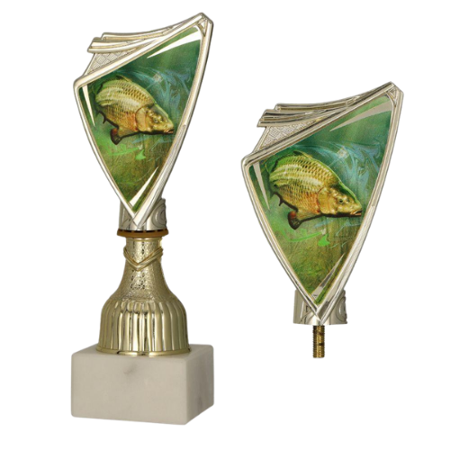 Puchar plastikowy 9297/FIS1 złoty – wędkarstwo z grafiką ryby na zielonym tle. Model na marmurowej podstawie sprawdzi się na zawody, konkursy i wydarzenia wędkarskie. Miejsce na tabliczkę z nadrukiem.