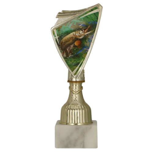 Puchar plastikowy 9297/FIS2 złoty – wędkarstwo z grafiką szczupaka na zielonym tle. Model na marmurowej podstawie sprawdzi się na zawody, konkursy i wydarzenia wędkarskie. Miejsce na tabliczkę z nadrukiem.