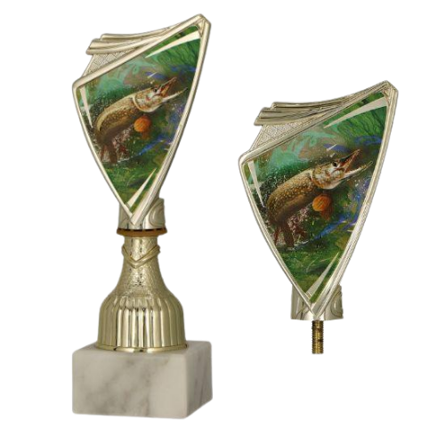 Puchar plastikowy 9297/FIS2 złoty – wędkarstwo z grafiką szczupaka na zielonym tle. Model na marmurowej podstawie sprawdzi się na zawody, konkursy i wydarzenia wędkarskie. Miejsce na tabliczkę z nadrukiem.