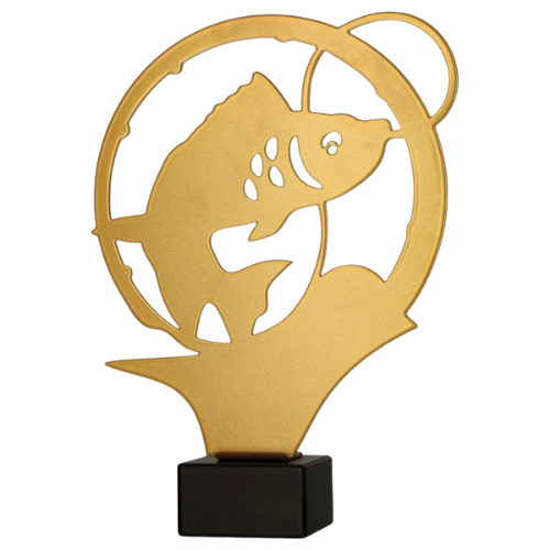 Statuetka metalowa ML-FIS3 Karp w złotym wykończeniu z motywem ryby i haczyka. Model na marmurowej podstawie sprawdzi się jako nagroda na zawody, konkursy i wydarzenia wędkarskie. Miejsce na tabliczkę z nadrukiem.