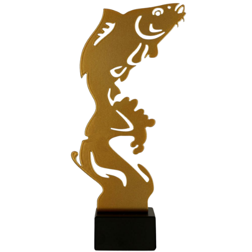 Statuetka metalowa ML-FIS1 Złoty Karp z wyciętym motywem ryby w nowoczesnej formie. Model na marmurowej podstawie sprawdzi się jako nagroda na zawody, konkursy i wydarzenia wędkarskie. Miejsce na tabliczkę z nadrukiem.