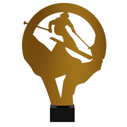 Statuetka metalowa ML-SKI1 Narciarz w złotym wykończeniu z sylwetką zawodnika w dynamicznym zjeździe. Model na marmurowej podstawie sprawdzi się jako nagroda na zawody, turnieje i wydarzenia narciarskie. Miejsce na tabliczkę z nadrukiem.