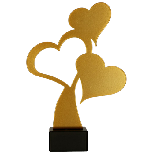Statuetka metalowa ML-HEA2 Złote Serca Miłości to symboliczna nagroda na jubileusze, podziękowania i wydarzenia okolicznościowe. Dekoracyjny motyw serc podkreśla wyjątkowy charakter wyróżnienia. Miejsce na tabliczkę z nadrukiem.