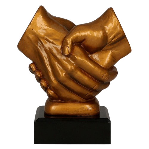 Statuetka odlewana RFST2089/G Partnerstwo z motywem uścisku dłoni to symboliczna nagroda na podziękowania, jubileusze i wyróżnienia biznesowe. Wyrazista forma podkreśla współpracę i zaufanie. Miejsce na tabliczkę z nadrukiem.
