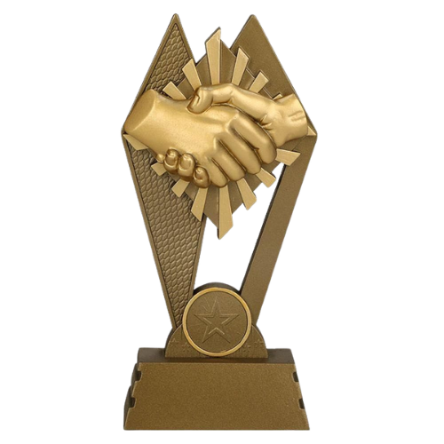 Statuetka odlewana RP3015 Gratulacje z motywem uścisku dłoni to elegancka nagroda na podziękowania, jubileusze i wyróżnienia. Wyrazista forma podkreśla rangę okazji. Miejsce na tabliczkę z nadrukiem.