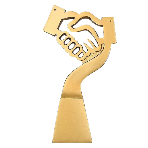 Statuetka odlewana RP5014-23/G Podziękowanie z motywem uścisku dłoni to elegancka nagroda na jubileusze, wyróżnienia i podziękowania. Symboliczna forma podkreśla współpracę oraz uznanie. Miejsce na tabliczkę z nadrukiem.