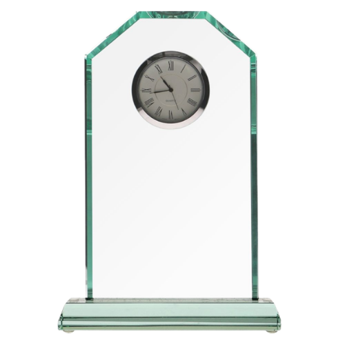 Statuetka szklana z zegarem G029 – elegancka nagroda ze szkła z wbudowanym zegarem kwarcowym. Wys. 22,5 cm, szer. 12 cm, grub. 1,8 cm. W komplecie z niebieskim etui. Idealna jako trofeum lub upominek okolicznościowy.