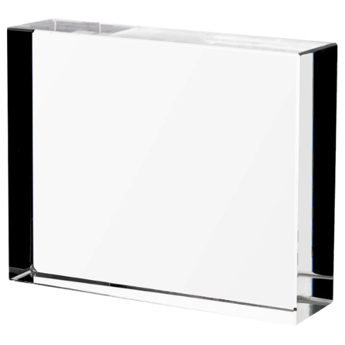 Statuetka szklana C056 – masywny blok kryształowy o grubości 4 cm. Wys. 14 cm, szer. 11 cm. Duża powierzchnia na grawer lub nadruk UV – idealna nagroda firmowa lub ekskluzywny upominek. Z niebieskim satynowym etui.