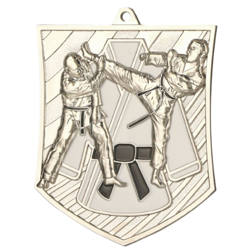 Srebrny medal karate MD8054/S – miejsce II – odlewany medal sportowy z motywem karateki. Doskonała nagroda na turniej karate i zawody sztuk walki.