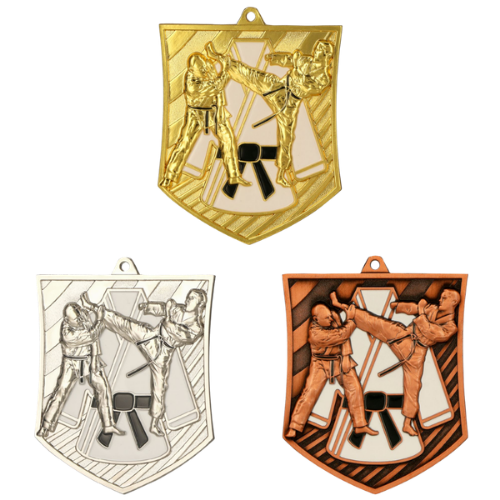 Medale karate złoty srebrny brązowy MD8054 – odlewane metalowe medale sportowe z motywem karateki. Idealna nagroda na turniej karate, zawody sztuk walki i mistrzostwa. Dostępne w trzech kolorach.