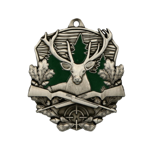 Medal myśliwski MD1770/AS – odlewany medal w kolorze antycznego srebra z motywem jelenia, strzelb i celownika. Idealna nagroda na zawody strzeleckie, polowania lub upominek dla myśliwego.