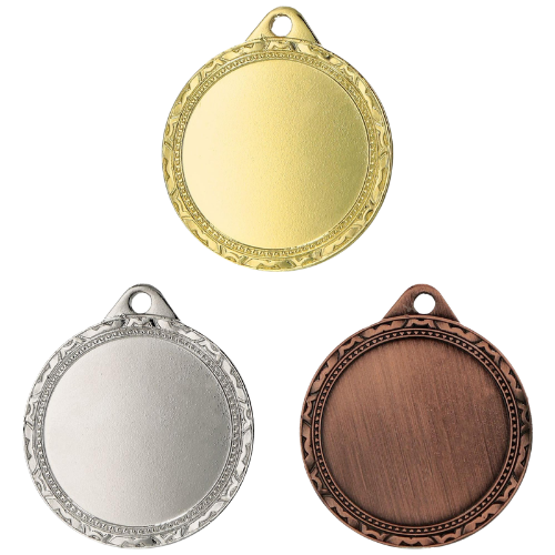 Medale sportowe złoty srebrny brązowy MMC1132 – małe okrągłe medale śr. 3,2 cm z miejscem na emblemat. Uniwersalna nagroda na zawody szkolne, turnieje i olimpiady dla dzieci i dorosłych.
