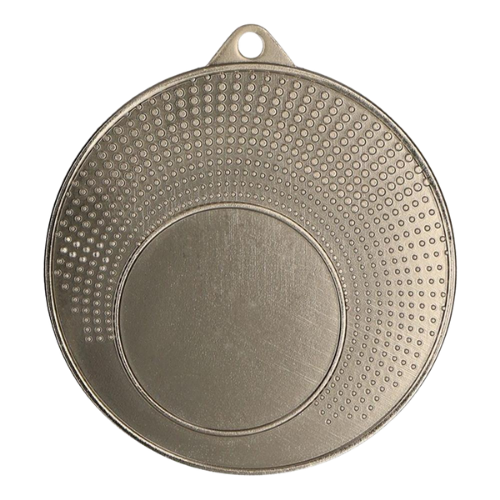 Srebrny medal sportowy MMC1140/S – okrągły medal śr. 4 cm z miejscem na emblemat i wzorzystym rantem. Uniwersalna nagroda na zawody szkolne, turnieje i olimpiady.