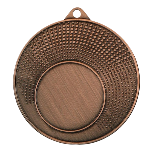 Brązowy medal sportowy MMC1140/B – okrągły medal śr. 4 cm z miejscem na emblemat i wzorzystym rantem. Uniwersalna nagroda na zawody szkolne, turnieje i olimpiady.