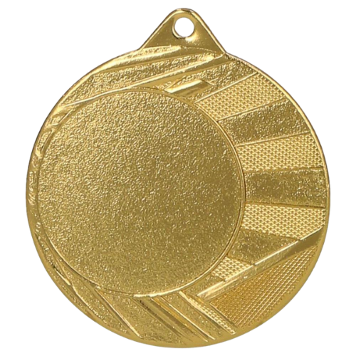 Złoty medal sportowy ME0040/G – okrągły medal śr. 4 cm z miejscem na emblemat i promienistym wzorem. Uniwersalna nagroda na zawody szkolne, turnieje i olimpiady.