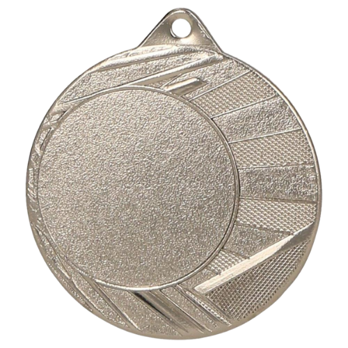 Srebrny medal sportowy ME0040/S – okrągły medal śr. 4 cm z miejscem na emblemat i promienistym wzorem. Uniwersalna nagroda na zawody szkolne, turnieje i olimpiady.