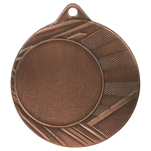 Brązowy medal sportowy ME0040/B – okrągły medal śr. 4 cm z miejscem na emblemat i promienistym wzorem. Uniwersalna nagroda na zawody szkolne, turnieje i olimpiady.