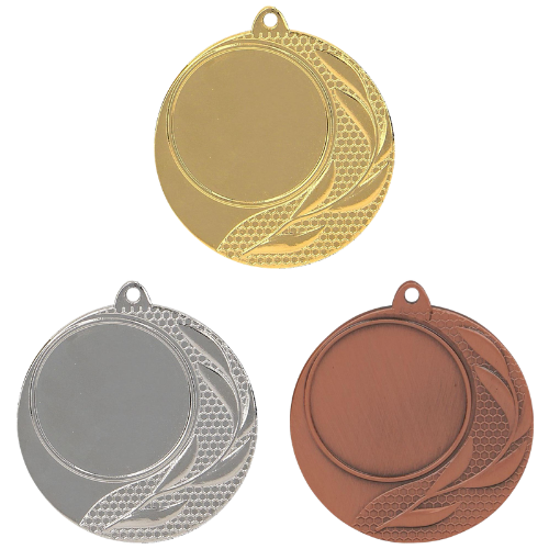 Medale sportowe złoty srebrny brązowy MMC2540 – okrągłe medale śr. 4 cm z miejscem na emblemat i geometrycznym wzorem. Idealna nagroda na zawody sportowe, turnieje szkolne i klubowe.