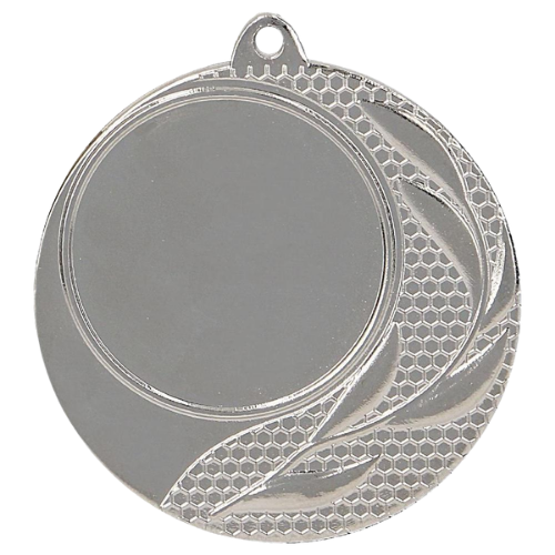 Srebrny medal sportowy MMC2540/S – okrągły medal śr. 4 cm z miejscem na emblemat i geometrycznym wzorem. Idealna nagroda na zawody sportowe, turnieje szkolne i klubowe.