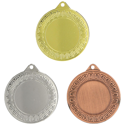 Medale sportowe złoty srebrny brązowy MMC7140 – okrągłe medale śr. 4 cm z miejscem na emblemat i greckim wzorem na rancie. Idealna nagroda na zawody sportowe, turnieje szkolne i klubowe.