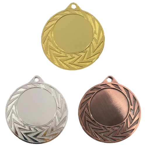 Medale sportowe złoty srebrny brązowy MMC0240 – okrągłe medale śr. 4 cm z miejscem na emblemat i wzorem liści. Idealna nagroda na zawody sportowe, turnieje szkolne i klubowe.