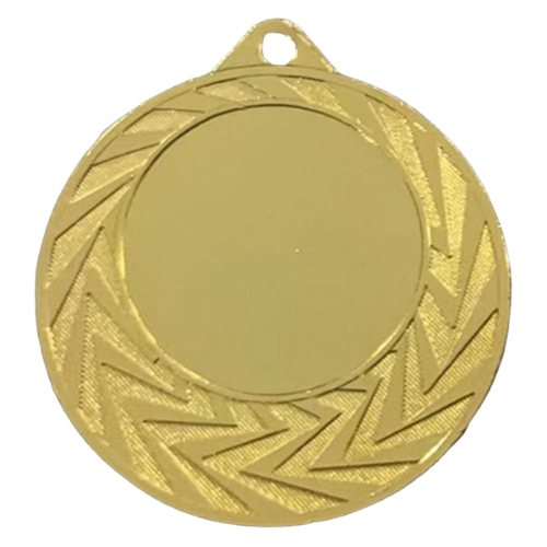 Złoty medal sportowy MMC0240/G – okrągły medal śr. 4 cm z miejscem na emblemat i wzorem liści. Idealna nagroda na zawody sportowe, turnieje szkolne i klubowe.