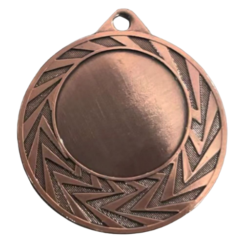 Brązowy medal sportowy MMC0240/B – okrągły medal śr. 4 cm z miejscem na emblemat i wzorem liści. Idealna nagroda na zawody sportowe, turnieje szkolne i klubowe.