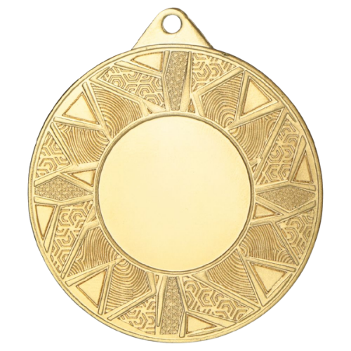 Złoty medal sportowy ME5002/G – okrągły medal śr. 5 cm z miejscem na emblemat i wzorem gwiazdy. Idealna nagroda na zawody sportowe, turnieje szkolne i klubowe.