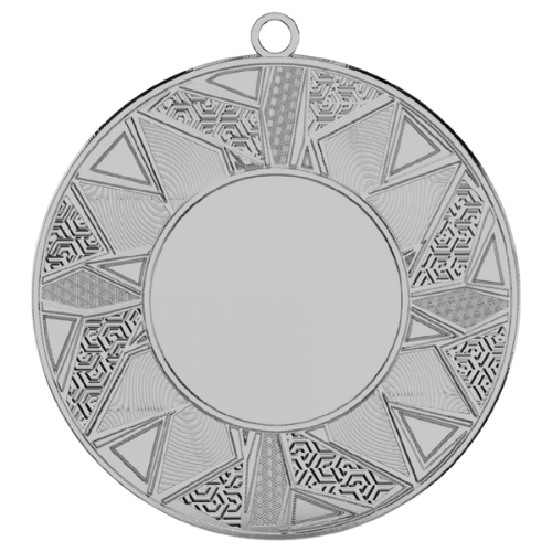 Srebrny medal sportowy ME5002/S – okrągły medal śr. 5 cm z miejscem na emblemat i wzorem gwiazdy. Idealna nagroda na zawody sportowe, turnieje szkolne i klubowe.
