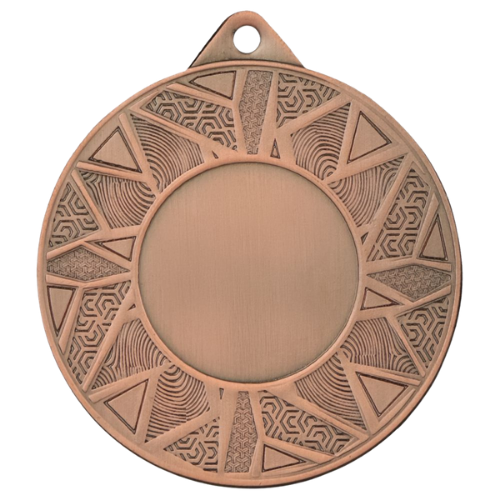 Brązowy medal sportowy ME5002/B – okrągły medal śr. 5 cm z miejscem na emblemat i wzorem gwiazdy. Idealna nagroda na zawody sportowe, turnieje szkolne i klubowe.