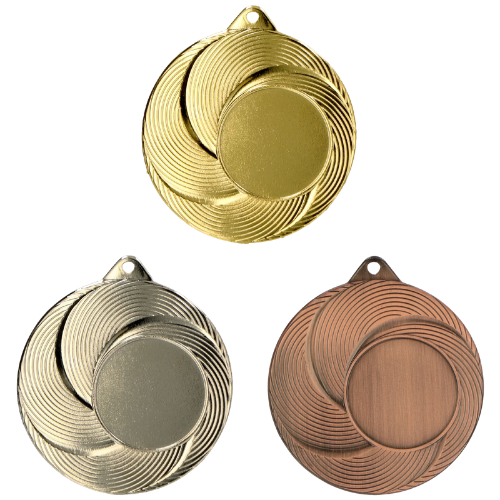 Stalowe medale sportowe złoty srebrny brązowy MMC2050 – okrągłe medale śr. 5 cm z miejscem na emblemat i spiralnym wzorem. Idealna nagroda na zawody sportowe, turnieje szkolne i klubowe.