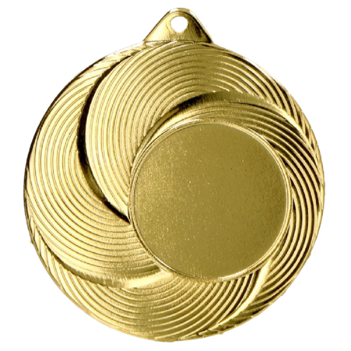 Złoty stalowy medal sportowy MMC2050/G – okrągły medal śr. 5 cm z miejscem na emblemat i spiralnym wzorem. Idealna nagroda na zawody sportowe, turnieje szkolne i klubowe.