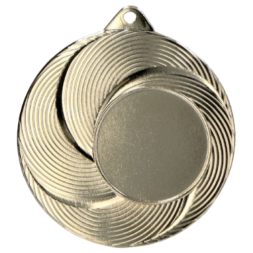Srebrny stalowy medal sportowy MMC2050/S – okrągły medal śr. 5 cm z miejscem na emblemat i spiralnym wzorem. Idealna nagroda na zawody sportowe, turnieje szkolne i klubowe.
