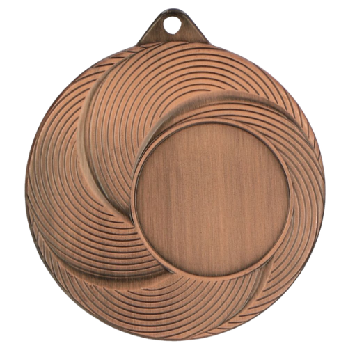 Brązowy stalowy medal sportowy MMC2050/B – okrągły medal śr. 5 cm z miejscem na emblemat i spiralnym wzorem. Idealna nagroda na zawody sportowe, turnieje szkolne i klubowe.