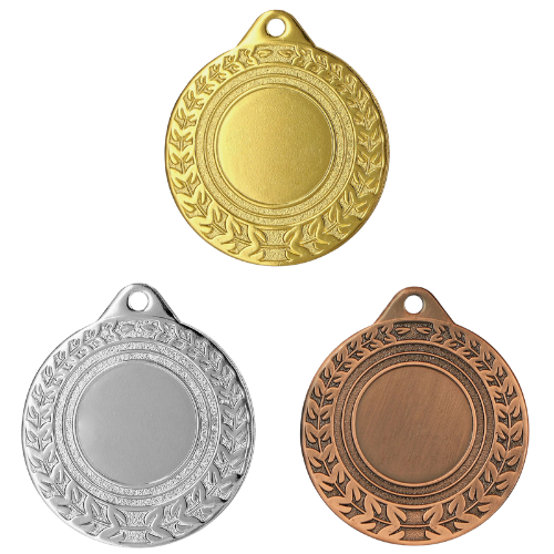 Medale sportowe złoty srebrny brązowy MMC0850 – okrągłe medale śr. 5 cm z miejscem na emblemat i wieńcem laurowym. Idealna nagroda na zawody sportowe, turnieje szkolne i klubowe.