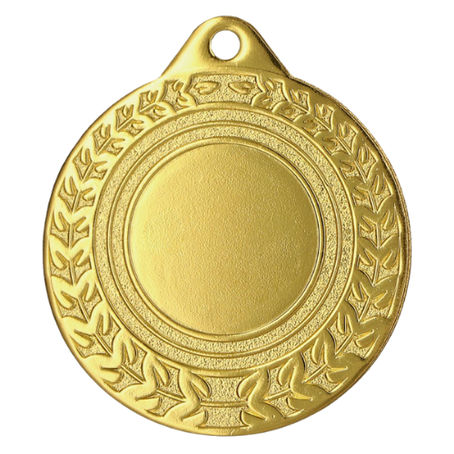 Złoty medal sportowy MMC0850/G – okrągły medal śr. 5 cm z miejscem na emblemat i wieńcem laurowym. Idealna nagroda na zawody sportowe, turnieje szkolne i klubowe.
