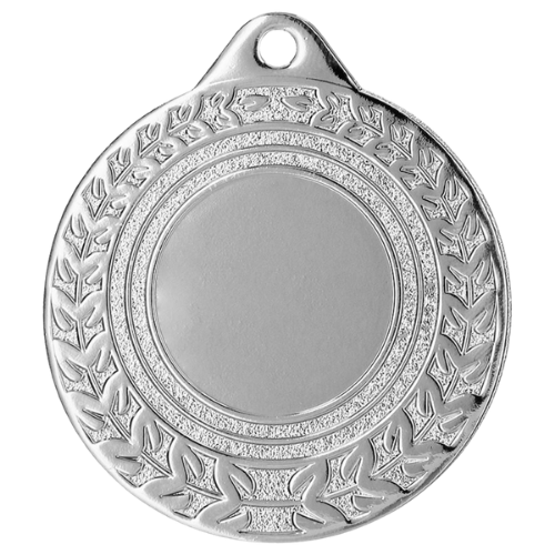 Srebrny medal sportowy MMC0850/S – okrągły medal śr. 5 cm z miejscem na emblemat i wieńcem laurowym. Idealna nagroda na zawody sportowe, turnieje szkolne i klubowe.