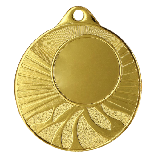Złoty medal sportowy MMC1650/G – okrągły medal śr. 5 cm z miejscem na emblemat i promienistym wzorem. Idealna nagroda na zawody sportowe, turnieje szkolne i klubowe.