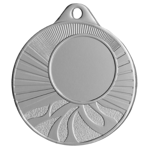 Srebrny medal sportowy MMC1650/S – okrągły medal śr. 5 cm z miejscem na emblemat i promienistym wzorem. Idealna nagroda na zawody sportowe, turnieje szkolne i klubowe.