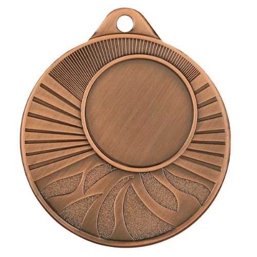 Brązowy medal sportowy MMC1650/B – okrągły medal śr. 5 cm z miejscem na emblemat i promienistym wzorem. Idealna nagroda na zawody sportowe, turnieje szkolne i klubowe.